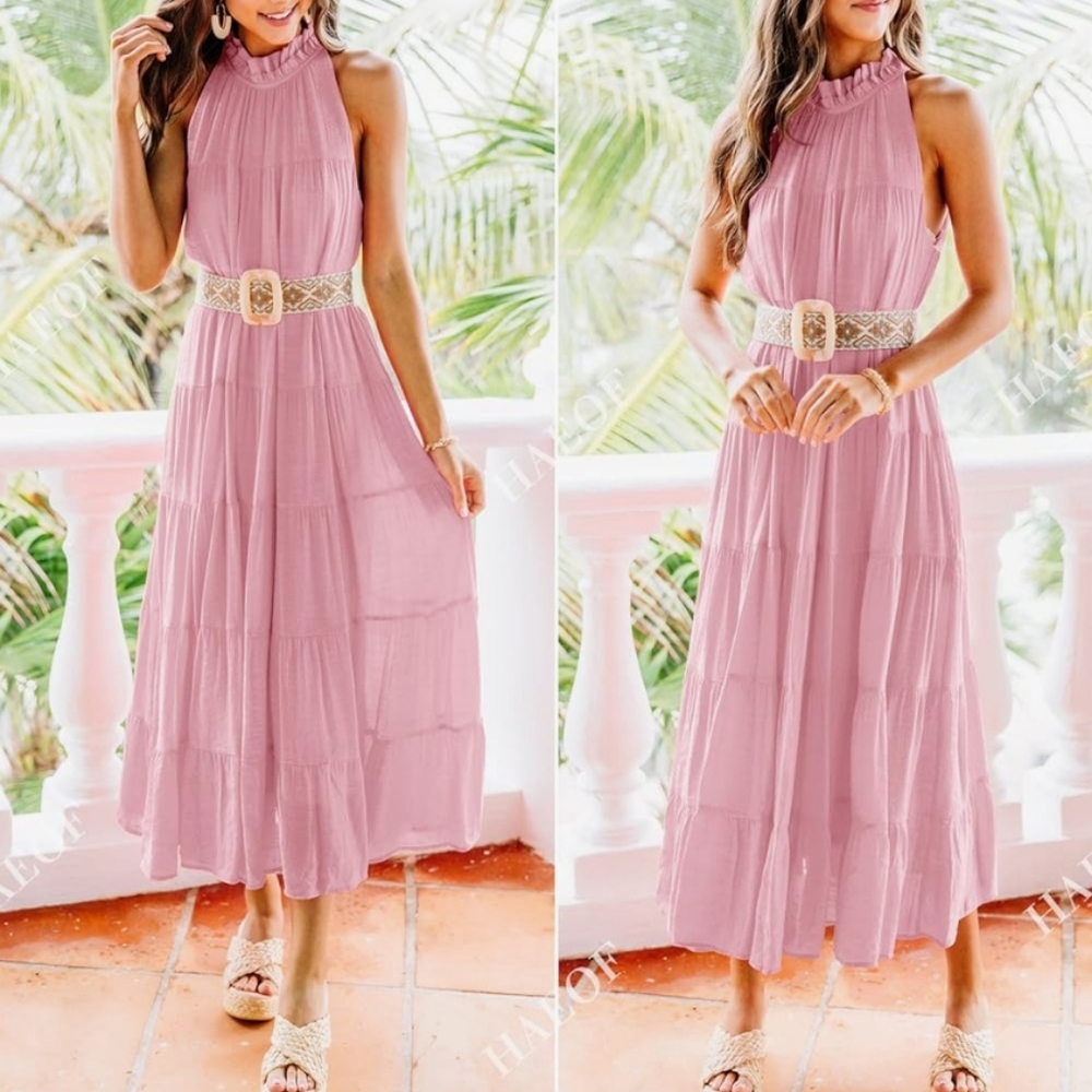Entro, Pink Tiered Halter Maxi Dress, Large - Picture 5 of 16